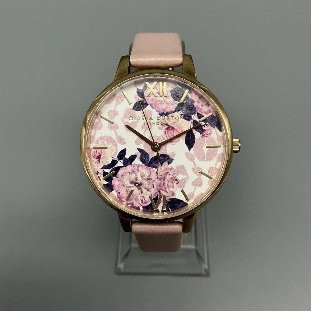 Olivia Burton Wild Flower Womens Watch 34mm Pink Strap Gold Tone New Battery